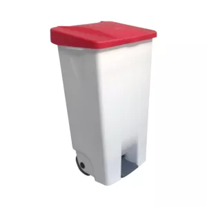 Poubelle a pédale 120L PP blanc couvercle rouge 89x56x48cm